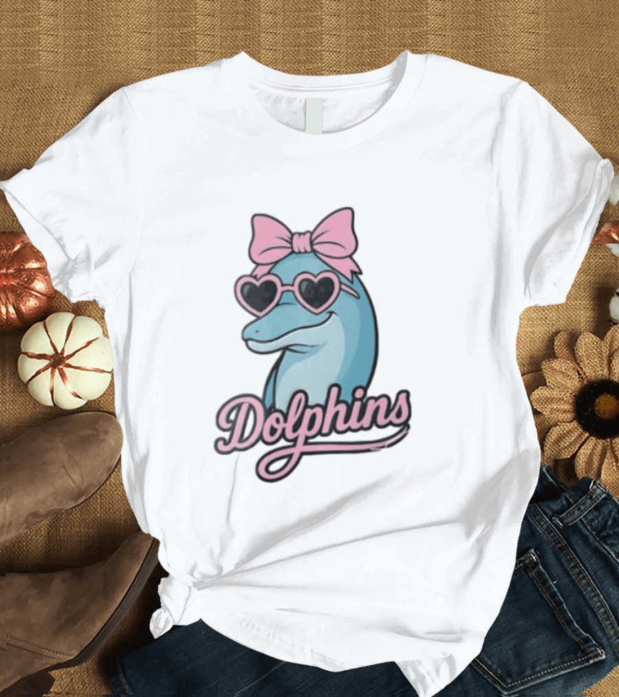 Dolphins Blue Dolphin Pink Bow Heart Sunglasses T-Shirt