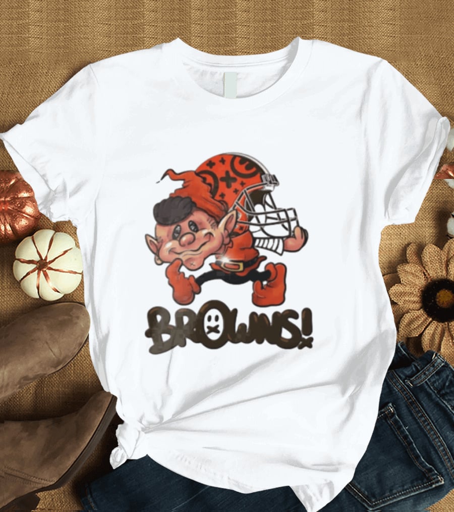 Cleveland Browns Elf Holding Football Helmet Browns T-Shirt