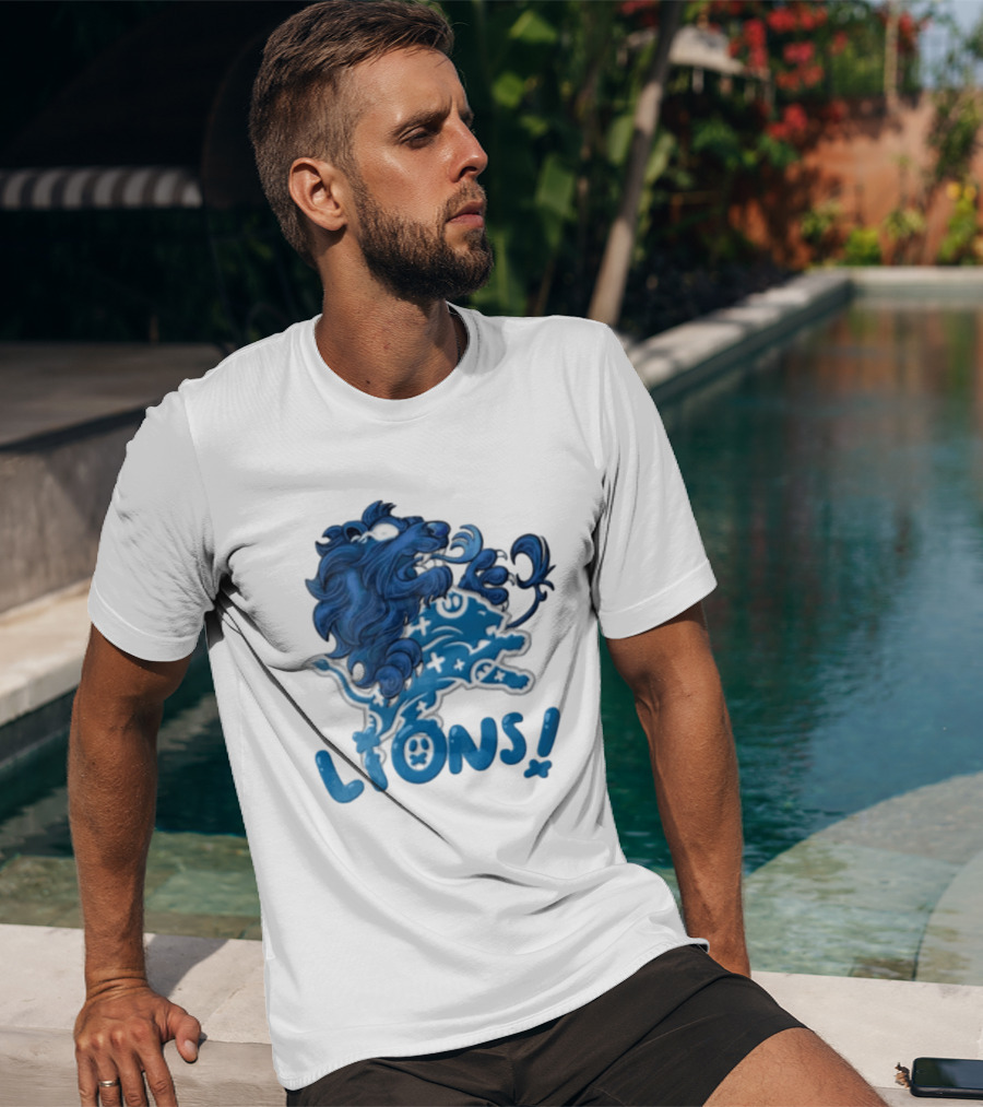 Detroit Lions Blue Lion Roaring Mascot With Playful Lettering T-Shirt
