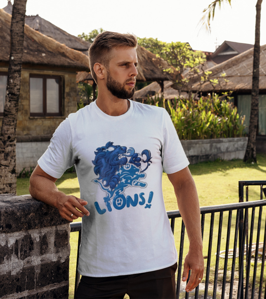 Detroit Lions Blue Lion Roaring Mascot With Playful Lettering T-Shirt