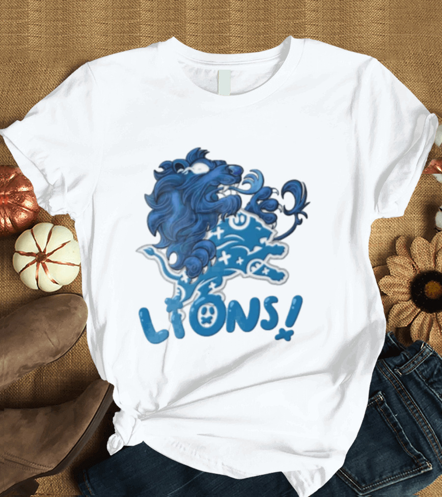 Detroit Lions Blue Lion Roaring Mascot With Playful Lettering T-Shirt