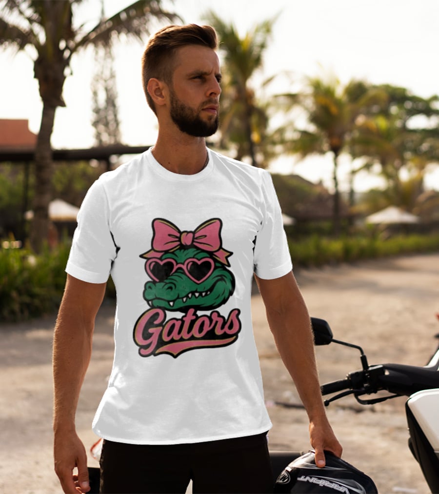 Florida Gators Green Alligator Pink Bow Heart Sunglasses T-Shirt