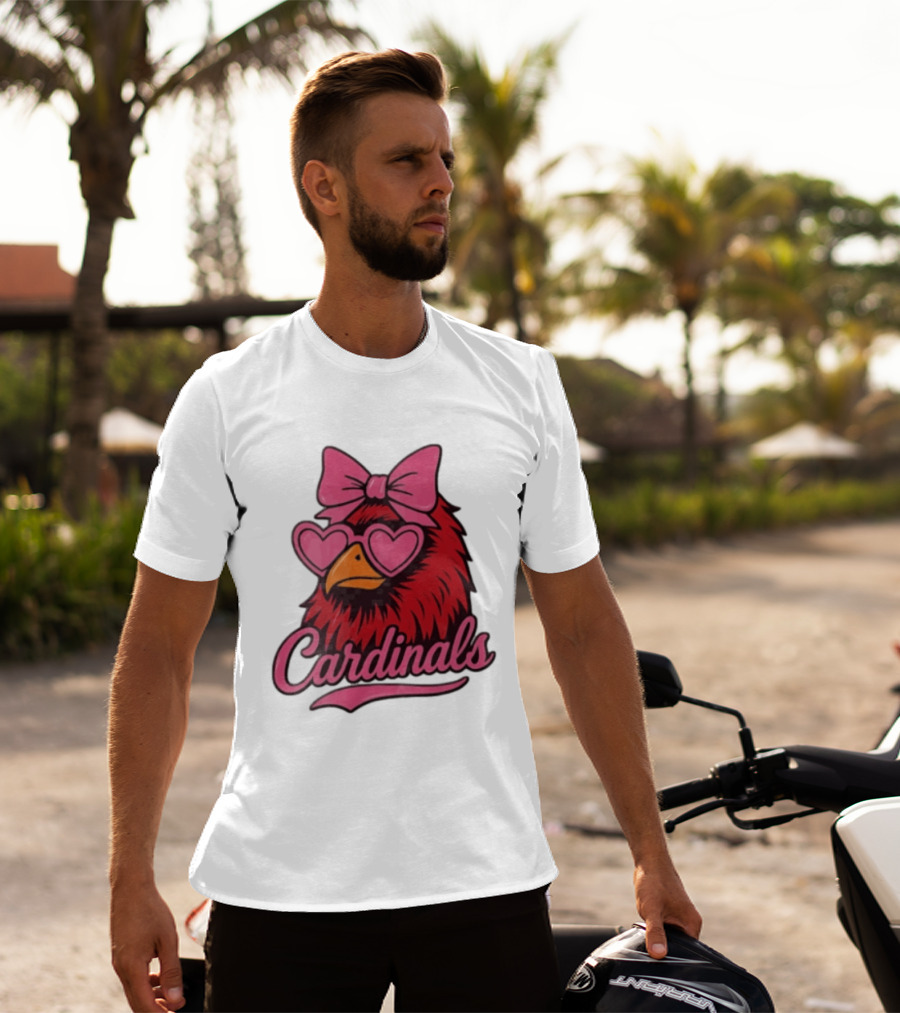 St Louis Cardinals Red Bird Pink Bow Heart Glasses T-Shirt