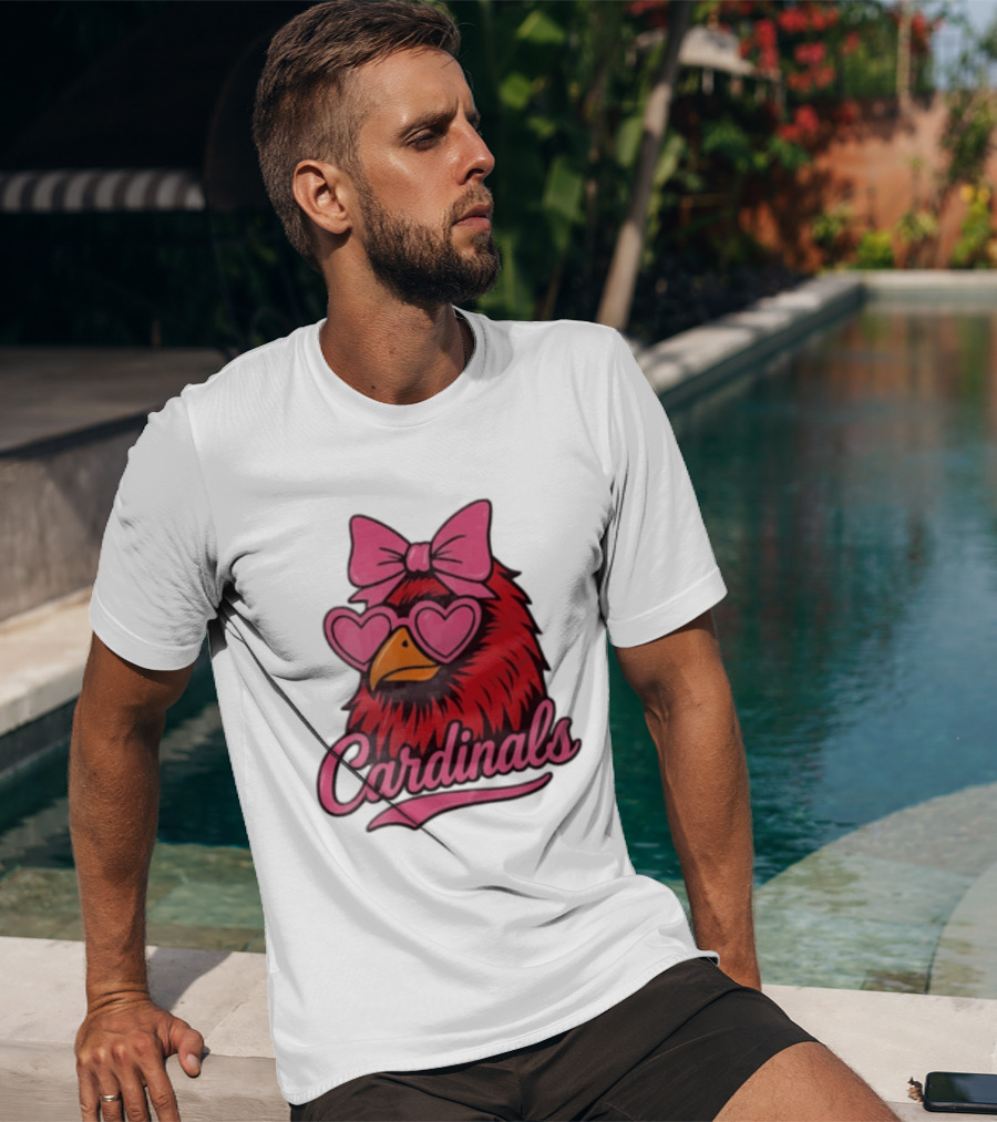St Louis Cardinals Red Bird Pink Bow Heart Glasses T-Shirt