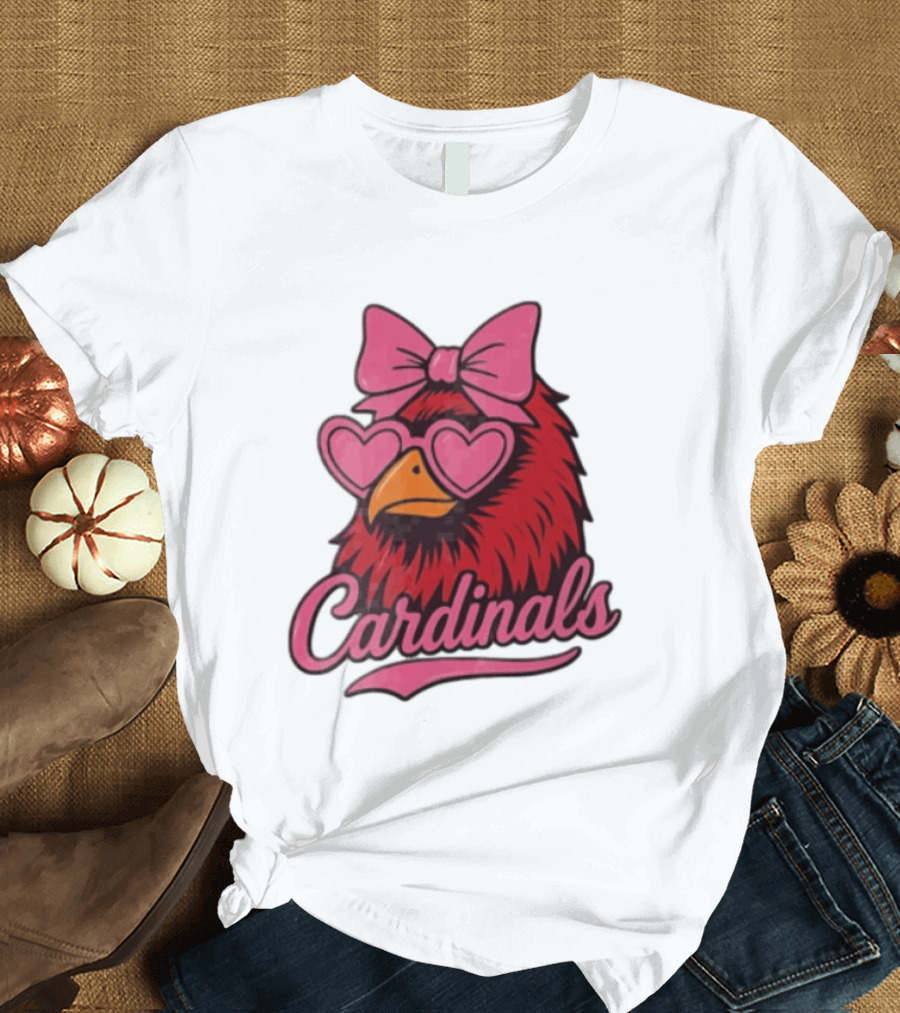 St Louis Cardinals Red Bird Pink Bow Heart Glasses T-Shirt