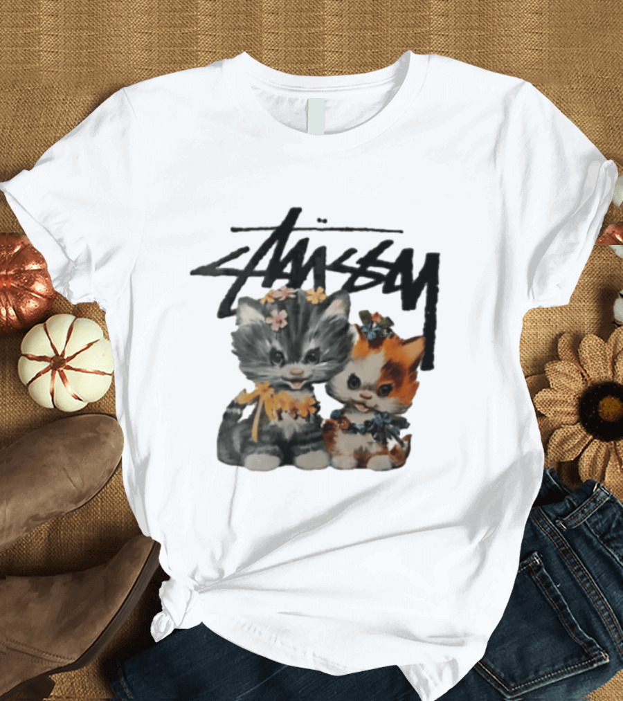 Stussy Two Kittens Flower Garlands T-Shirt