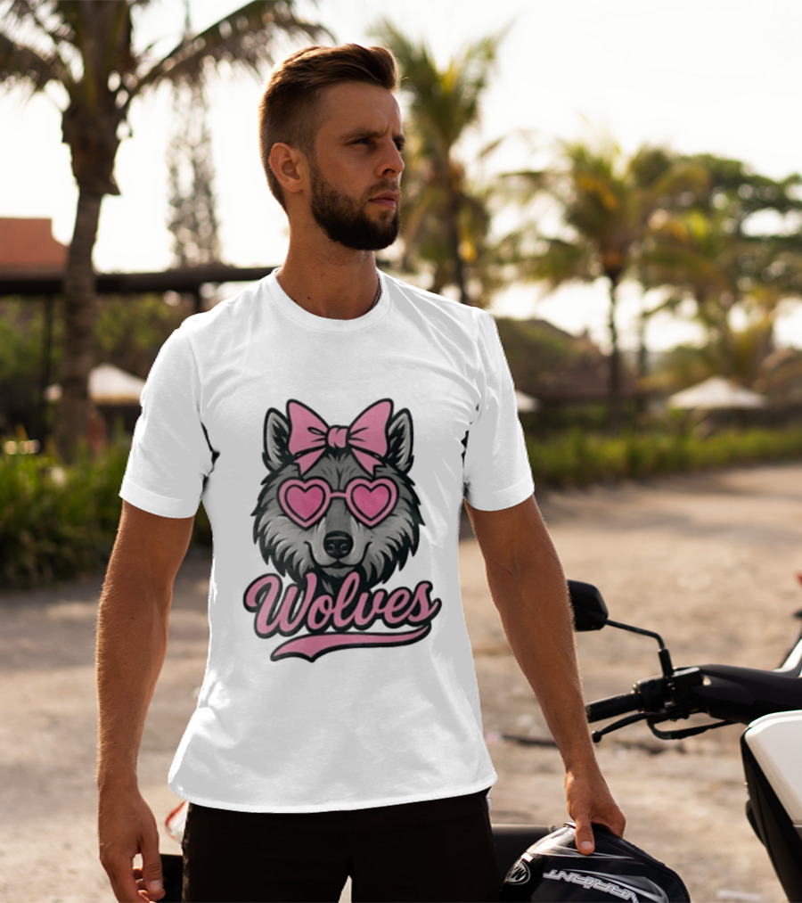 Wolves Wolf Pink Heart Glasses Bow T-Shirt