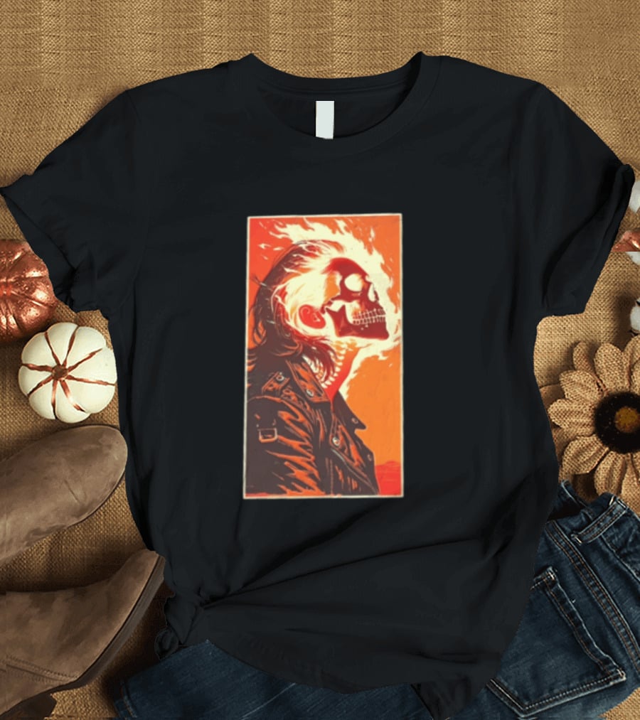Burnout Flaming Skull Leather Jacket Man Fiery T-Shirt