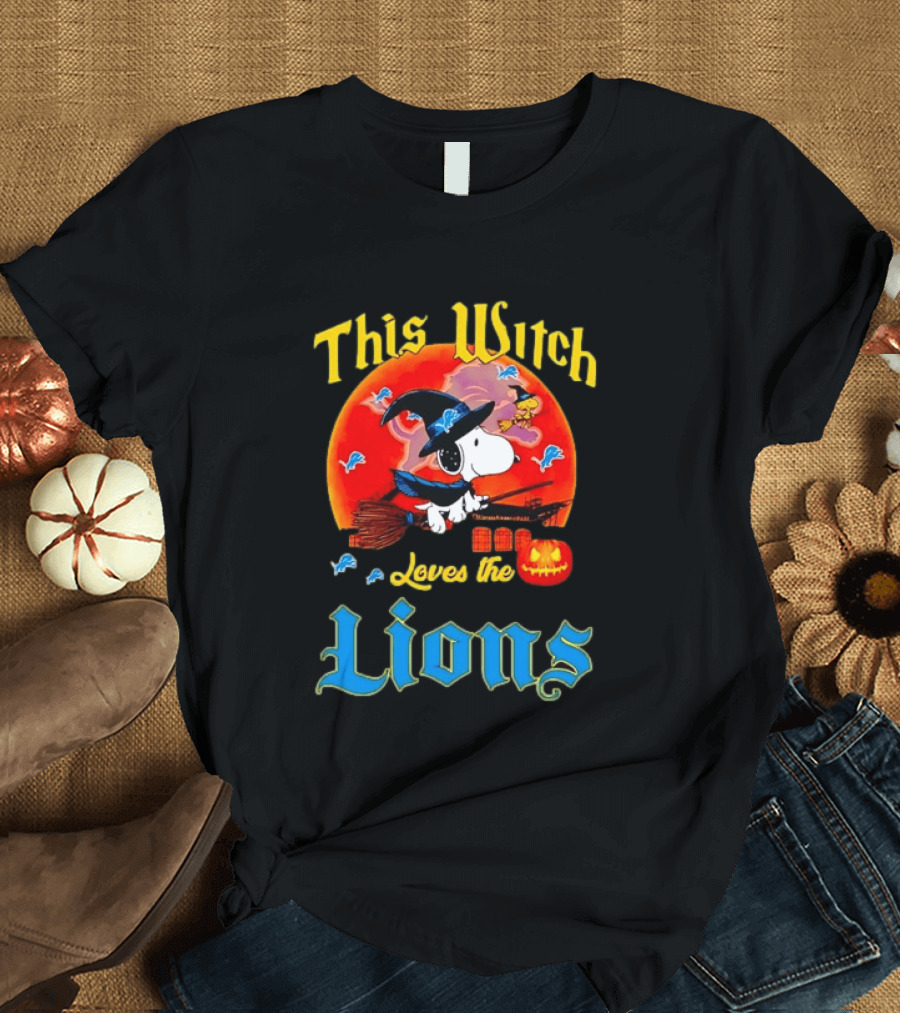 Snoopy This Witch Loves The Lions Halloween Pumpkin Broom Peanuts T-Shirt
