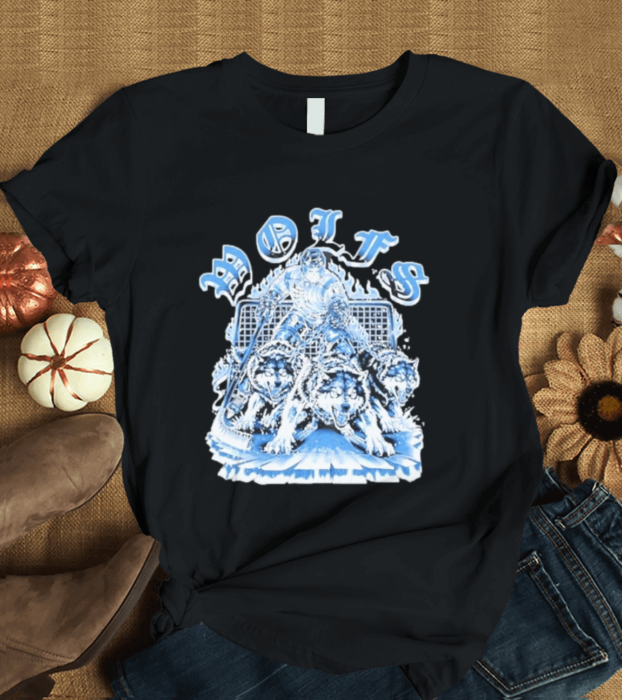 Motifs Wolf Hockey Skeleton Goalie With Three Wolves T-Shirt