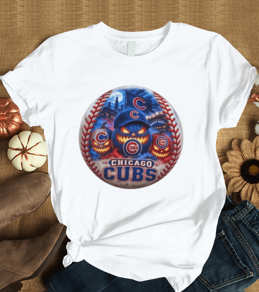 Chicago Cubs Wrigley Field Halloween Jack O' Lantern Baseball T-Shirt