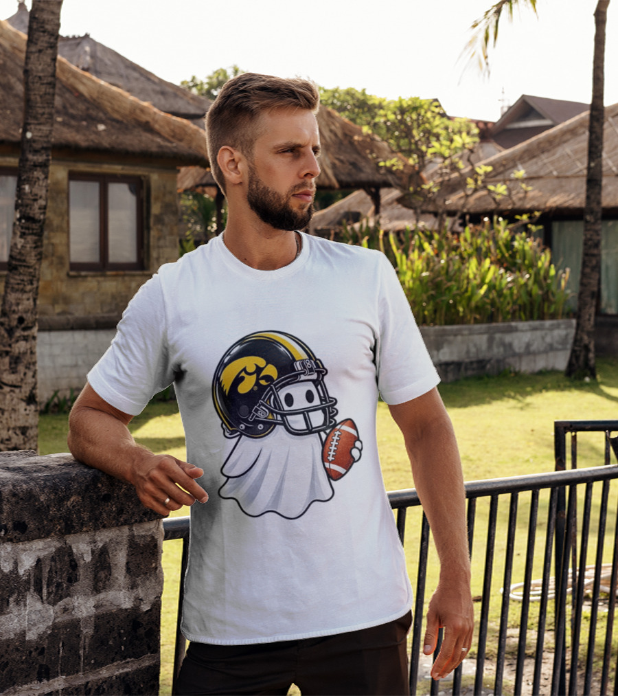 Iowa Hawkeyes Football Ghost Halloween Holding Football T-Shirt