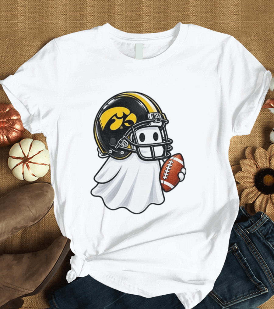 Iowa Hawkeyes Football Ghost Halloween Holding Football T-Shirt