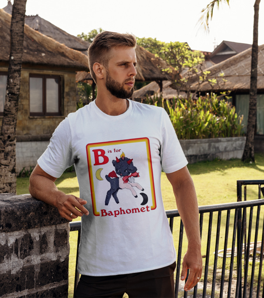 B Is For Baphomet Cartoon Baby Goat Pentacle Moon Horns Flame T-Shirt