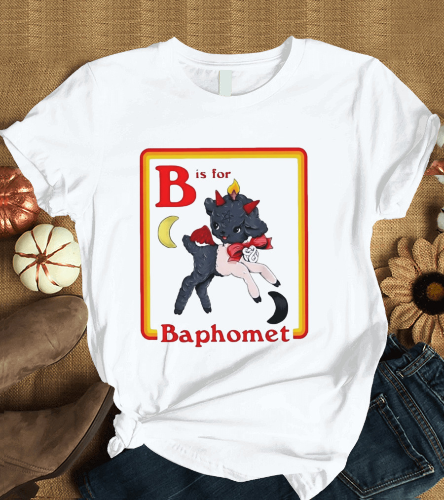 B Is For Baphomet Cartoon Baby Goat Pentacle Moon Horns Flame T-Shirt