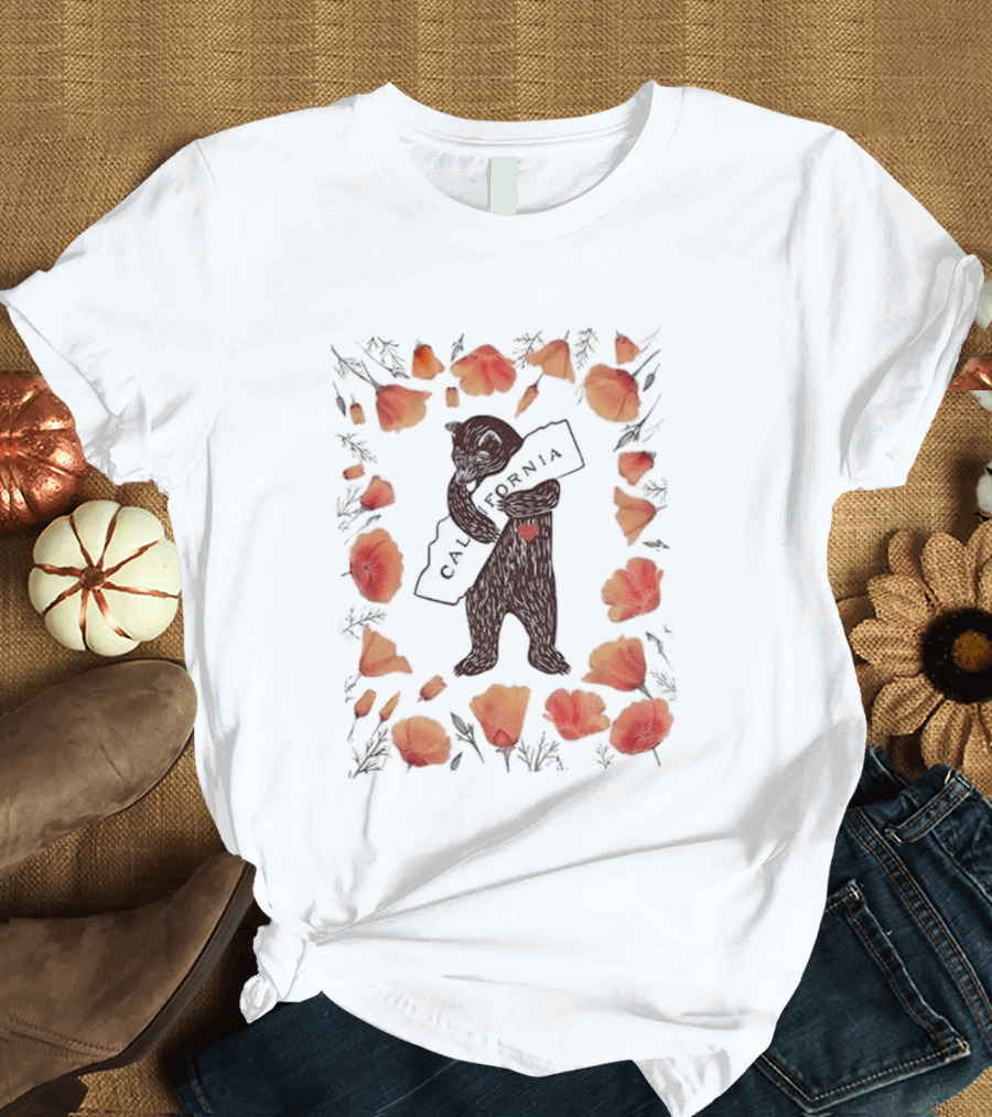 California Bear Hug With State Map And Poppies T-Shirt
