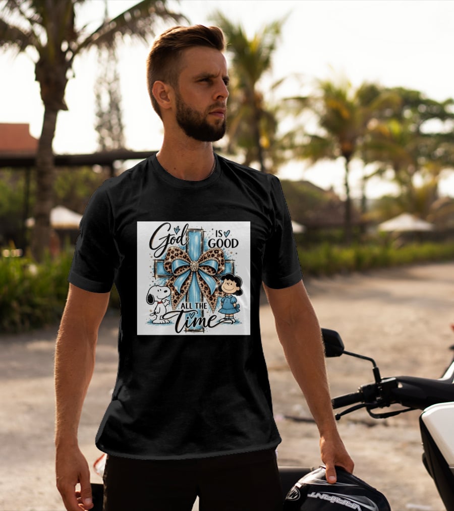 Snoopy And Lucy God Is Good All The Time Blue Cross And Leopard Bow T-Shirt