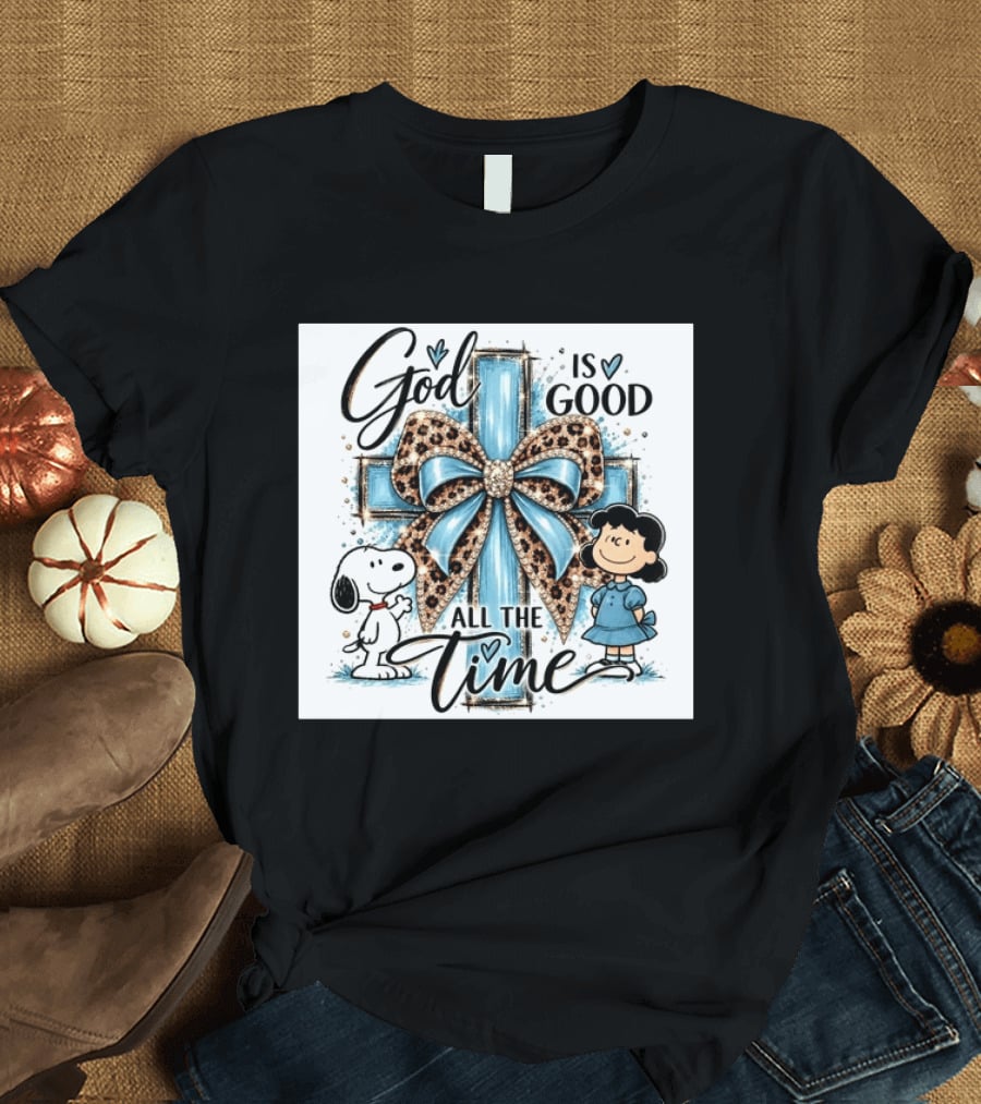 Snoopy And Lucy God Is Good All The Time Blue Cross And Leopard Bow T-Shirt