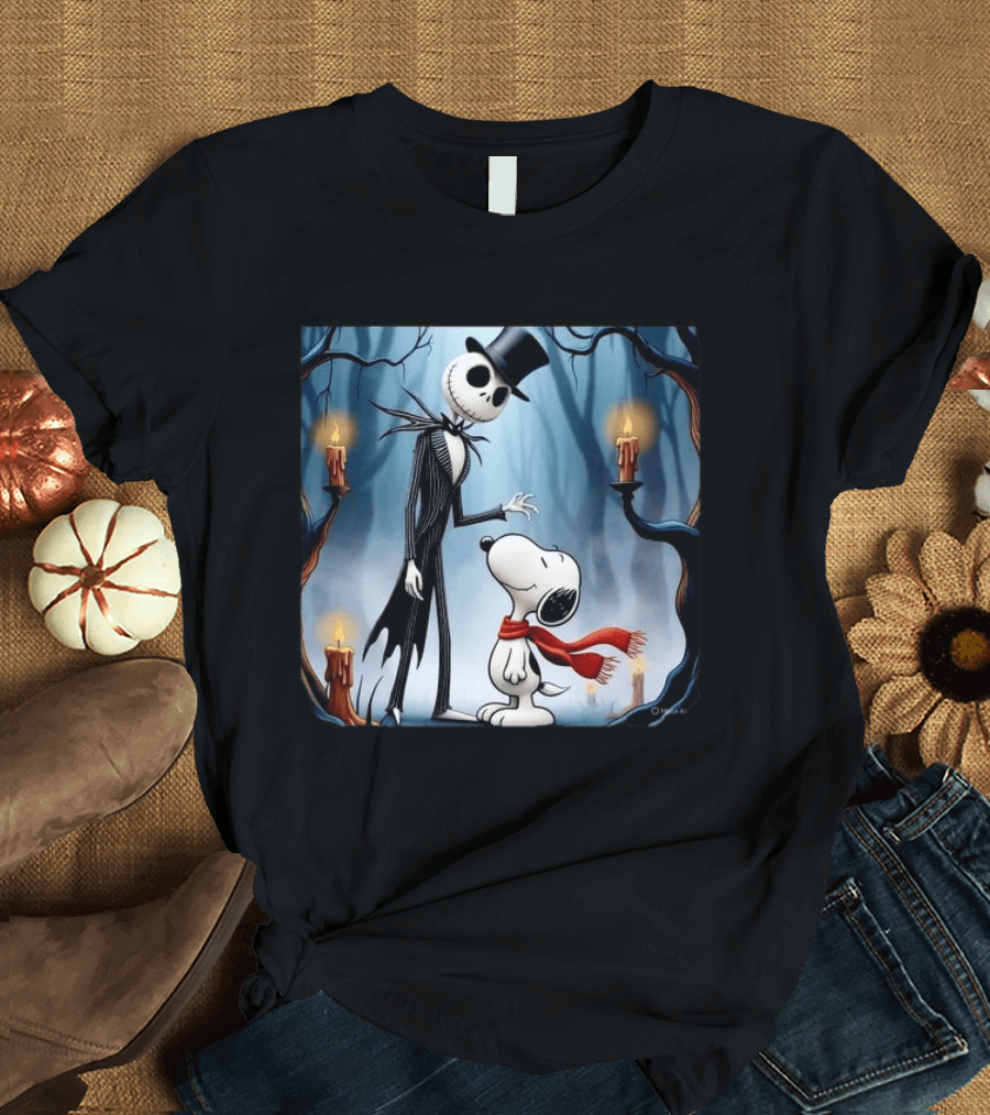 The Nightmare Before Christmas Jack Skellington And Snoopy Candles In Haunted Forest T-Shirt