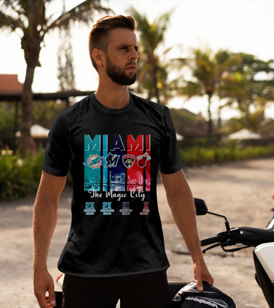MIAMI The Magic City Dolphins Marlins Panthers Heat Champs T-Shirt