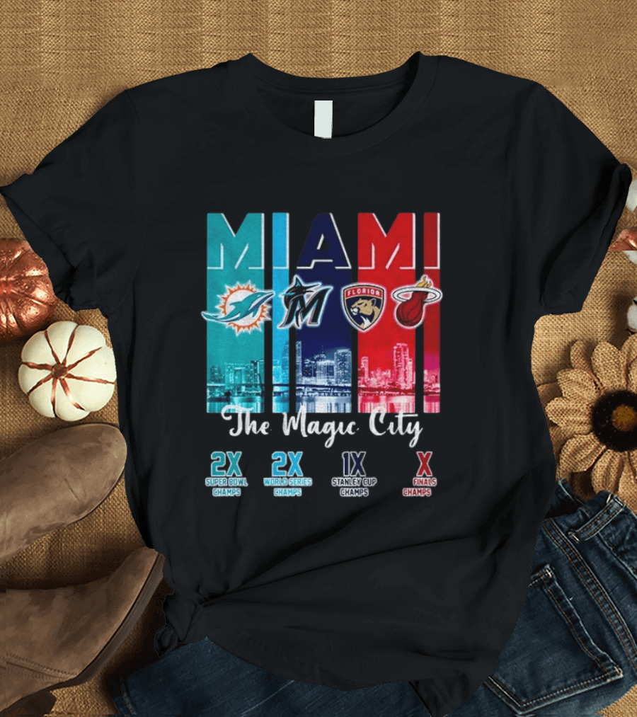 MIAMI The Magic City Dolphins Marlins Panthers Heat Champs T-Shirt