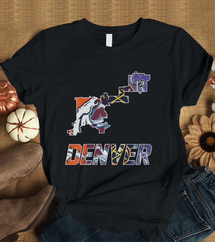 Denver Broncos Nuggets Avalanche Rockies Team Map T-Shirt