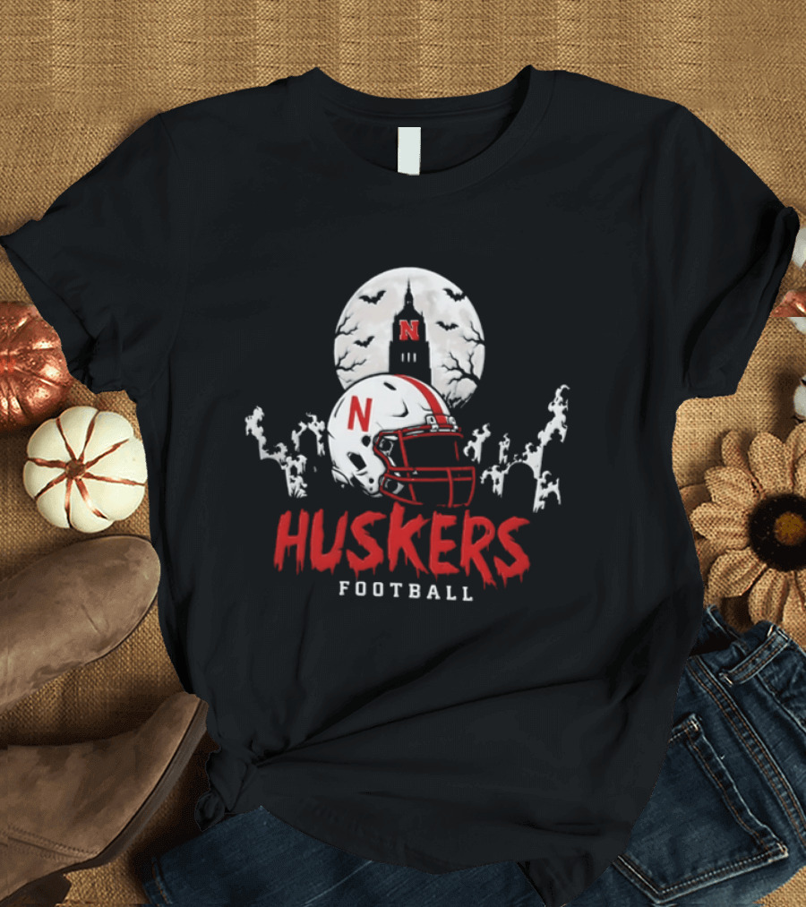 Nebraska Huskers Football Halloween Spooky Helmet Bats Moon 2026 T-Shirt