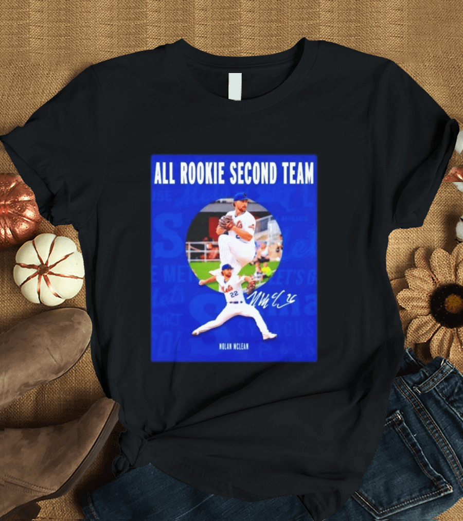 Nolan McLean No 22 Mets All Rookie Second Team Signature Pitching Action T-Shirt