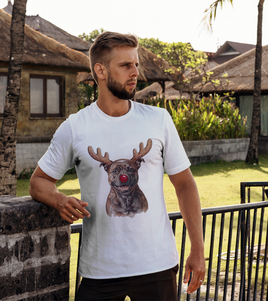 Brindle Pit Bull With Reindeer Antlers And Red Nose T-Shirt