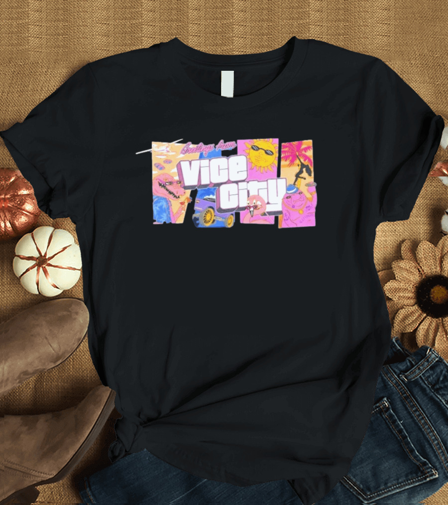 Greetings From Vice City Collage Florida Retro Fun Tropical Vibes T-Shirt