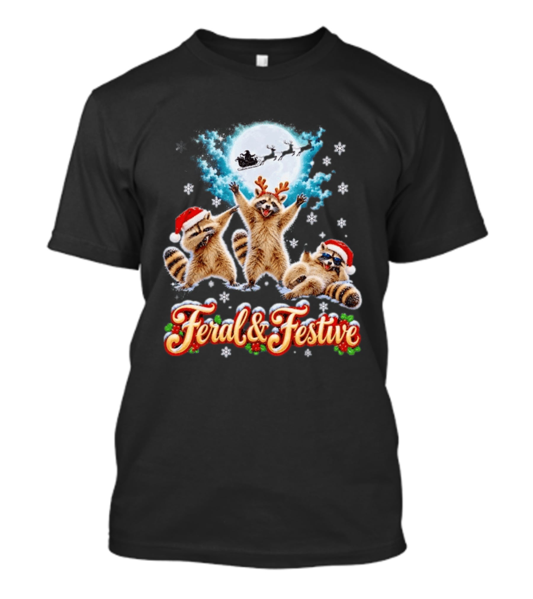 Feral And Festive Raccoons Christmas Holiday Santa And Reindeer T-Shirt