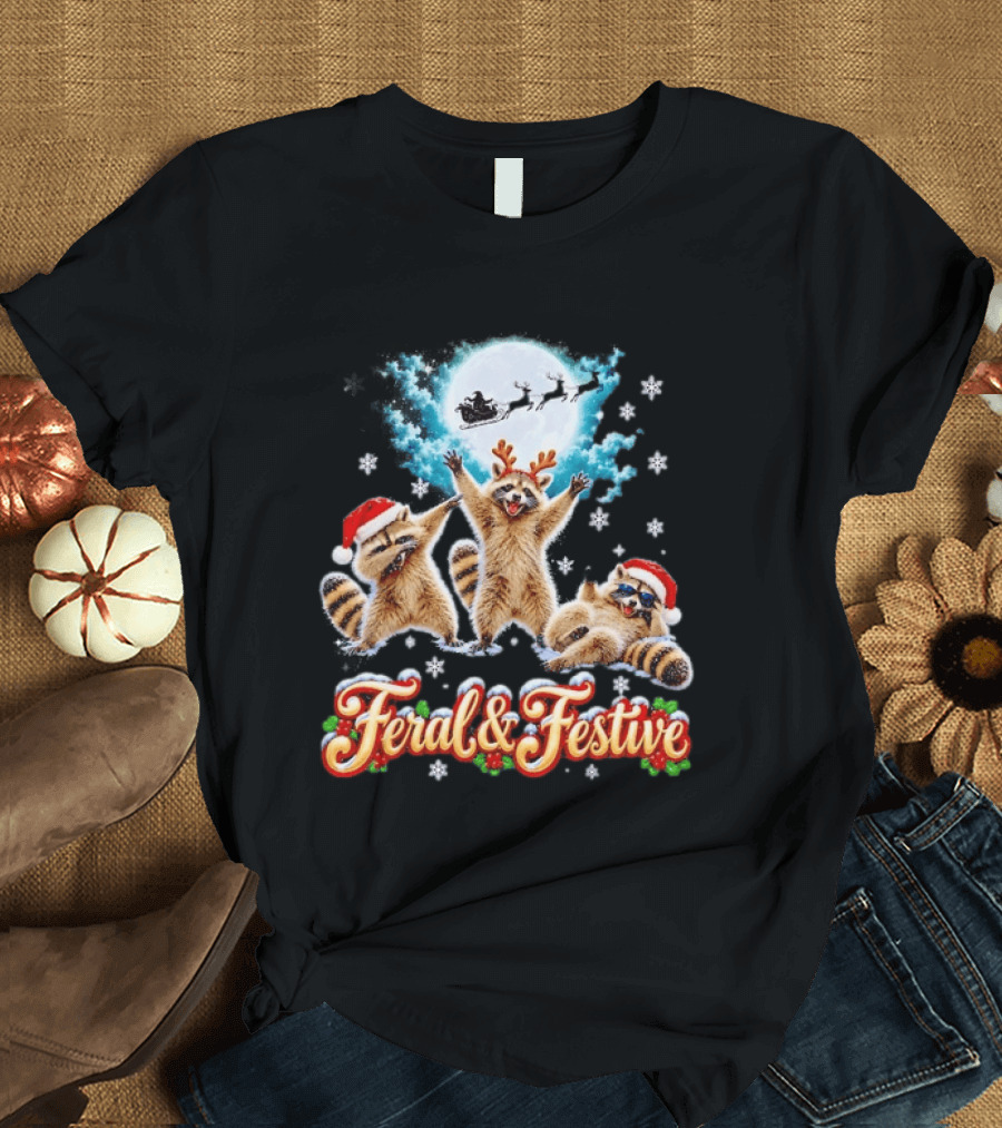Feral And Festive Raccoons Christmas Holiday Santa And Reindeer T-Shirt