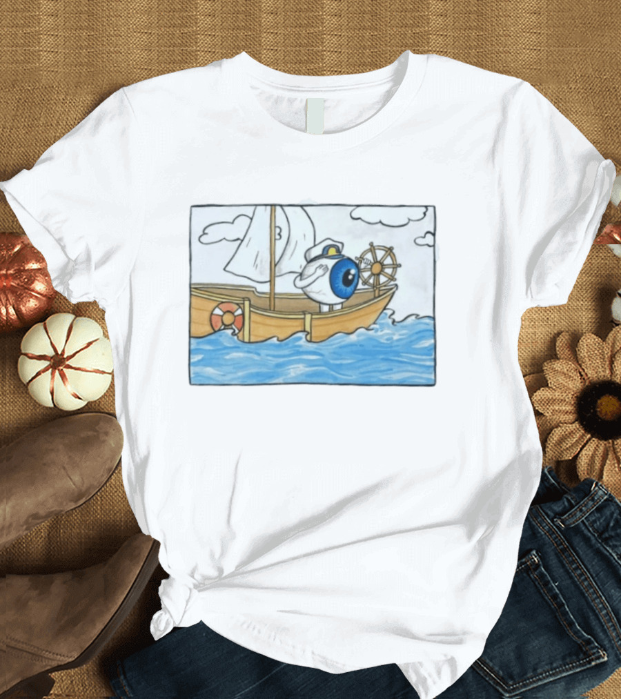 Eye Eye Captain Cartoon Eyeball Sailor Steering Ship Ocean Waves T-Shirt