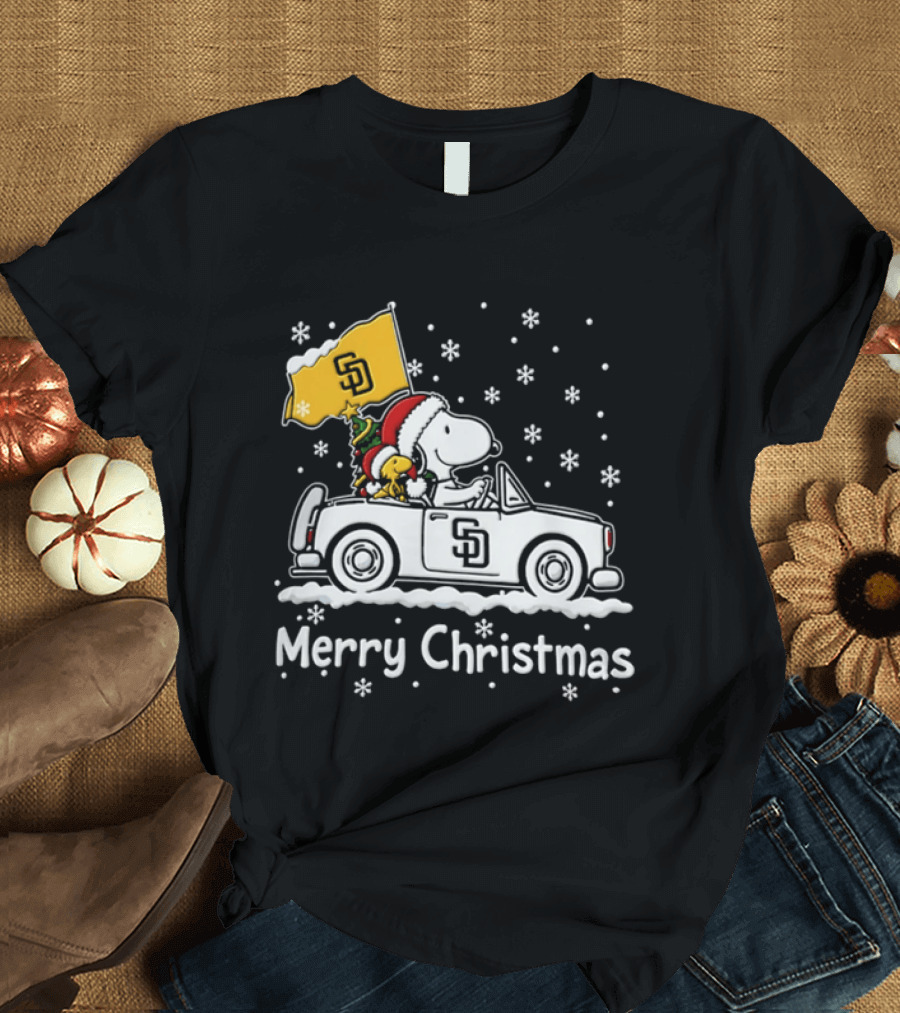 Snoopy And Woodstock Driving San Diego Padres Car Merry Christmas 2026 T-Shirt