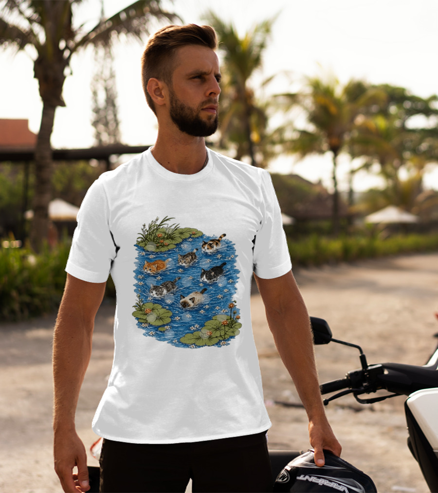 Kittens Swimming Among Water Lilies In Pond Scene T-Shirt