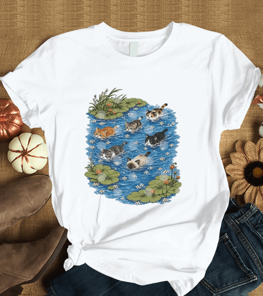 Kittens Swimming Among Water Lilies In Pond Scene T-Shirt