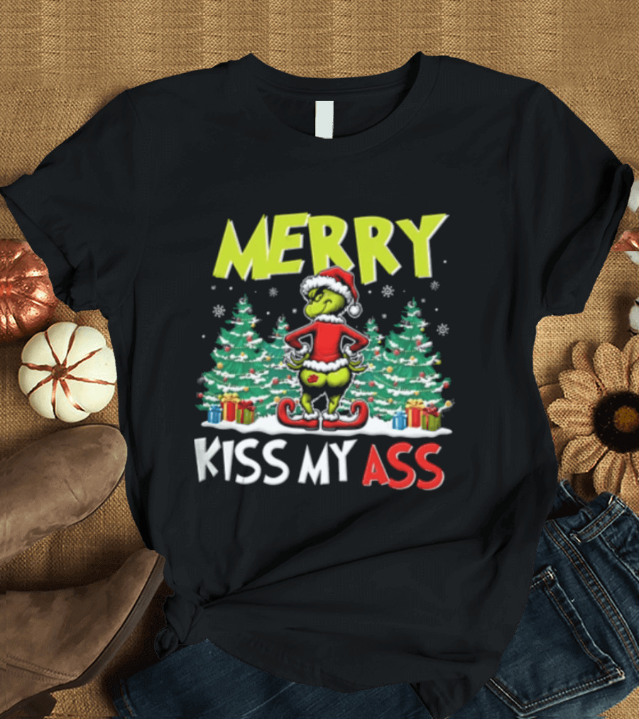 Merry Kiss My Ass Grinch Santa Outfit Mooning Christmas Trees And Gifts T-Shirt