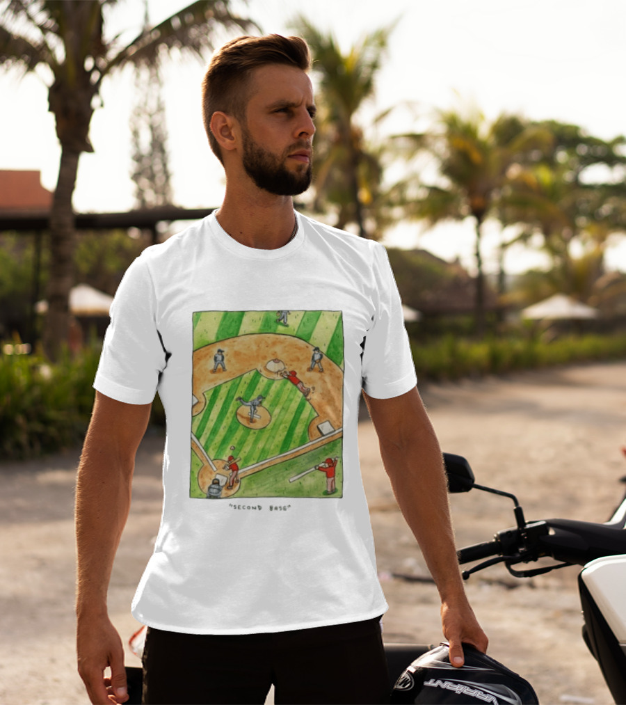 Second Base Baseball Cartoon Humor Action Play Scene T-Shirt