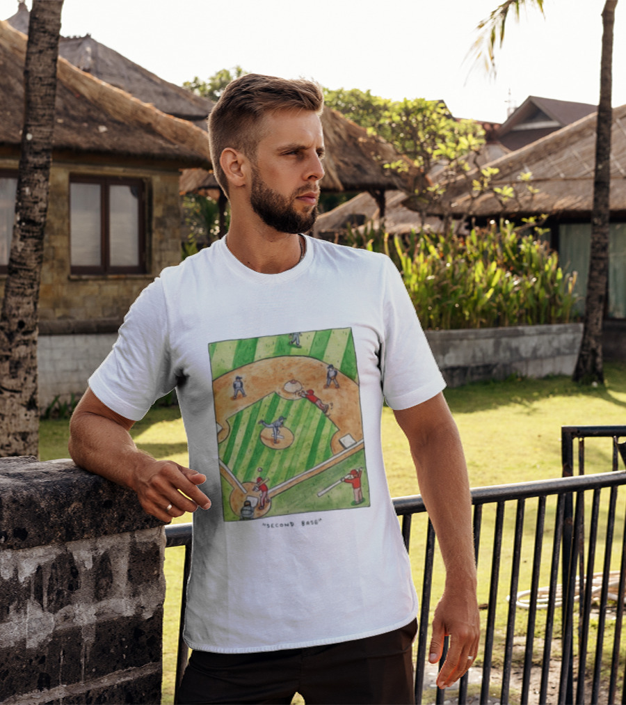 Second Base Baseball Cartoon Humor Action Play Scene T-Shirt