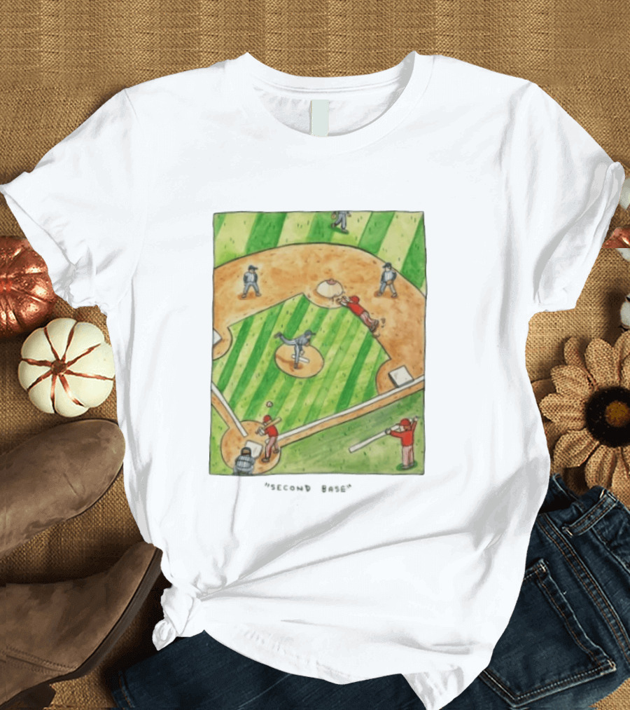 Second Base Baseball Cartoon Humor Action Play Scene T-Shirt