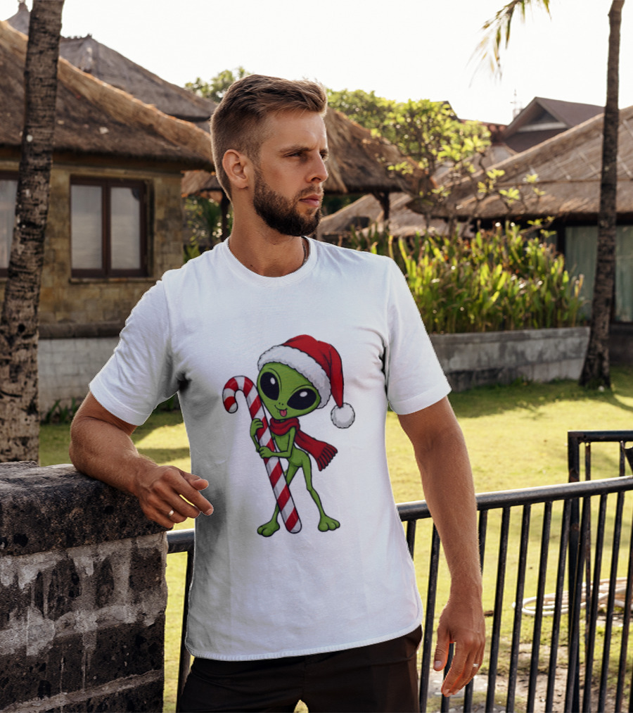 Green Santa Hat Alien With Red Scarf Holding Candy Cane Christmas T-Shirt