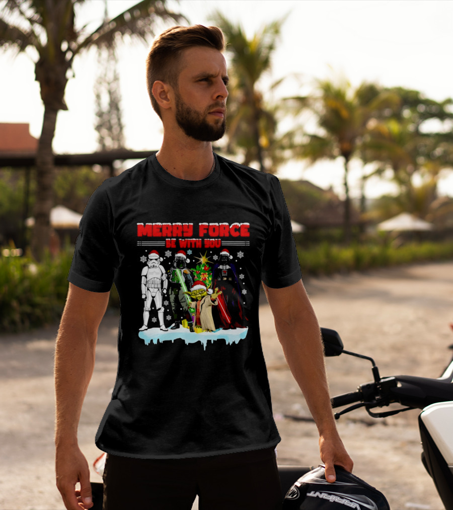 Star Wars Merry Force Be With You Christmas Characters Stormtrooper Yoda Darth Vader Santa Hats T-Shirt