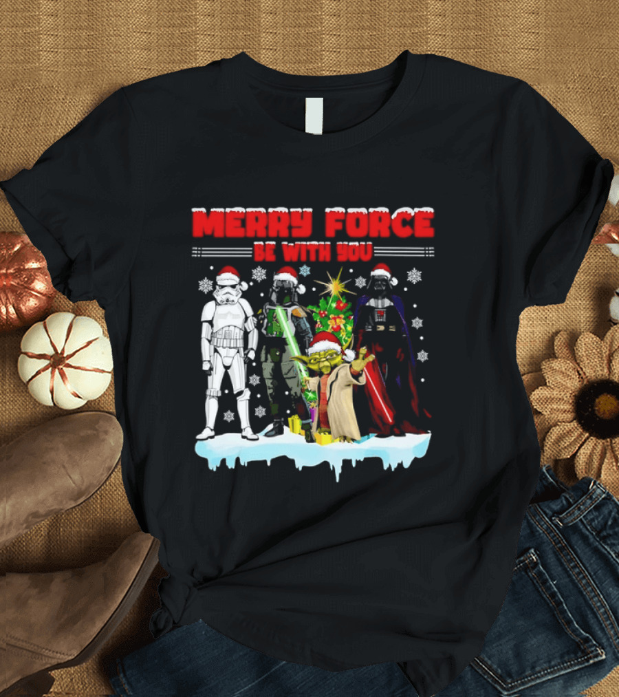 Star Wars Merry Force Be With You Christmas Characters Stormtrooper Yoda Darth Vader Santa Hats T-Shirt