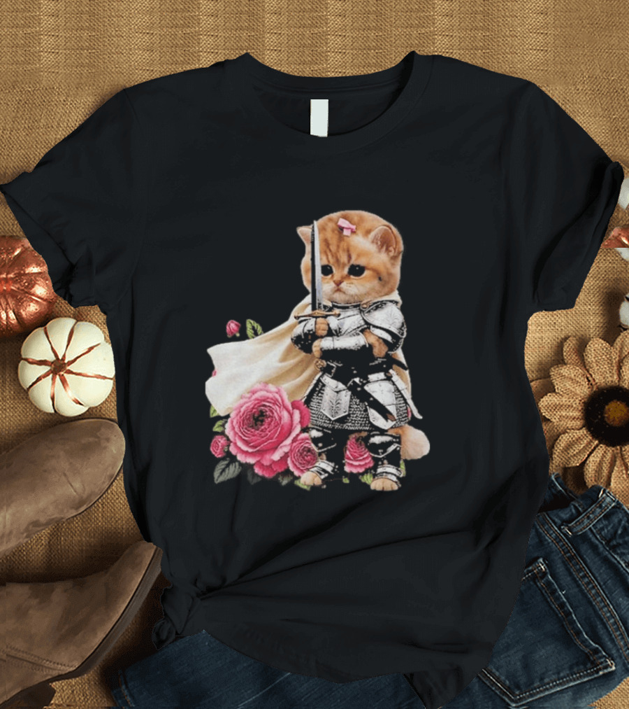 Knight Cat Holding Sword With Roses T-Shirt