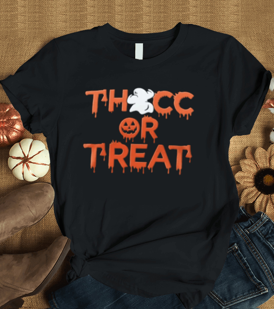 Thocc Or Treat Ghost Jack O Lantern Dripping Font Halloween T-Shirt