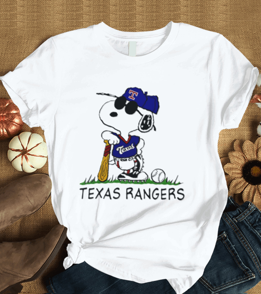 Snoopy Texas Rangers MLB Baseball Uniform With Sunglasses And Bat T-Shirt