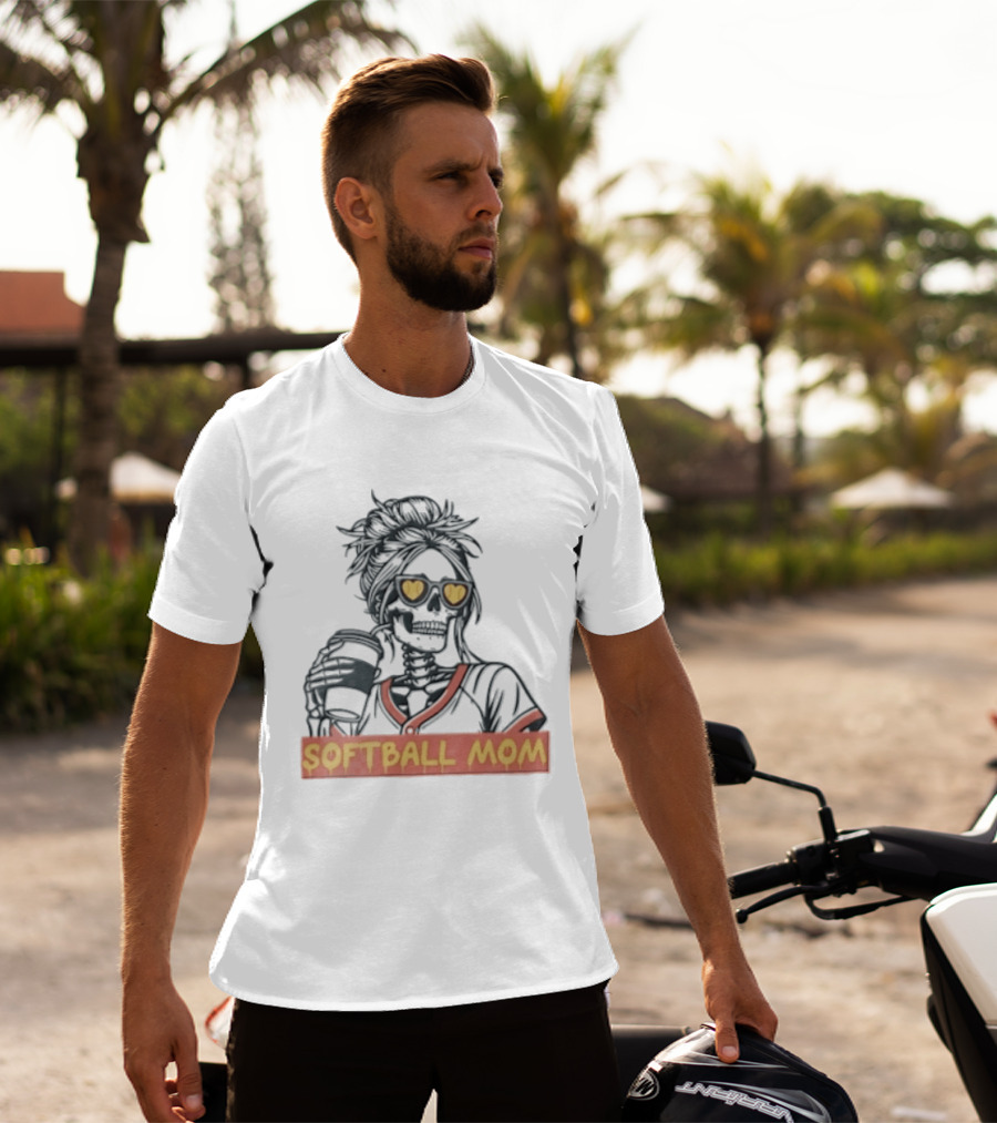 Softball MOM Skeleton Messy Bun Heart Sunglasses Coffee T-Shirt