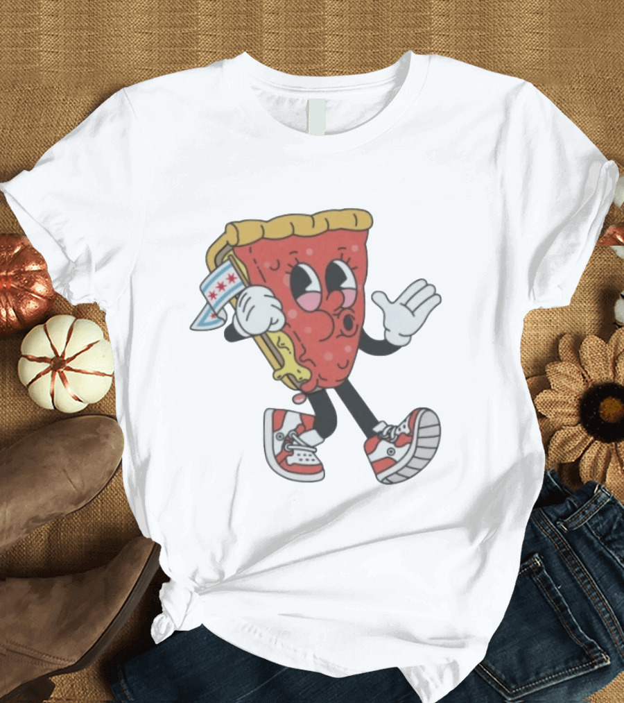 Chicago Meet The Foodies Lucy Lou Pizza Slice Walking Pizza With Chicago Flag And Sneakers T-Shirt