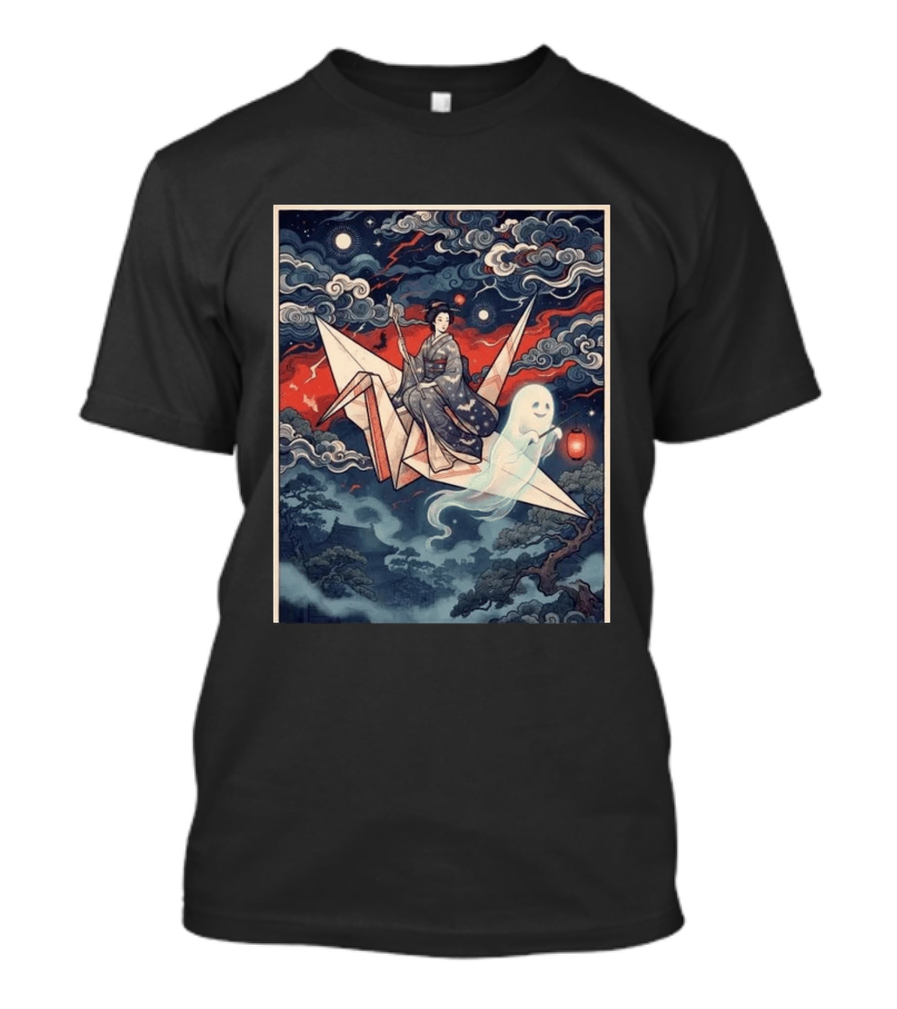 Witch And Ghost Halloween 2026 Japanese Origami Lantern Night Sky T-Shirt