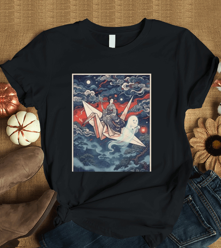 Witch And Ghost Halloween 2026 Japanese Origami Lantern Night Sky T-Shirt